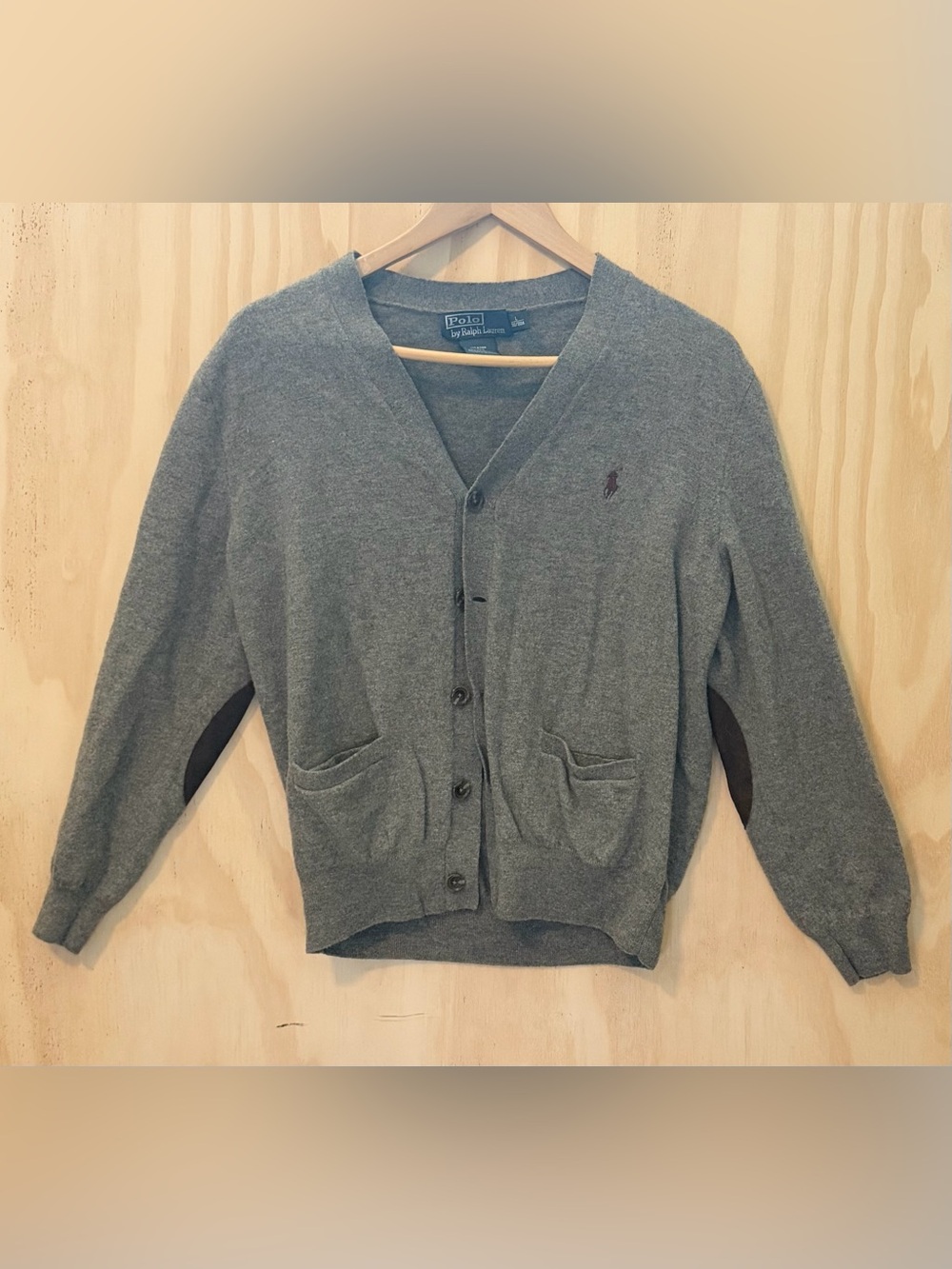 VTG Large Polo Ralph Lauren Cardigan Sweater Men’s Gray Suede Elbow Patches